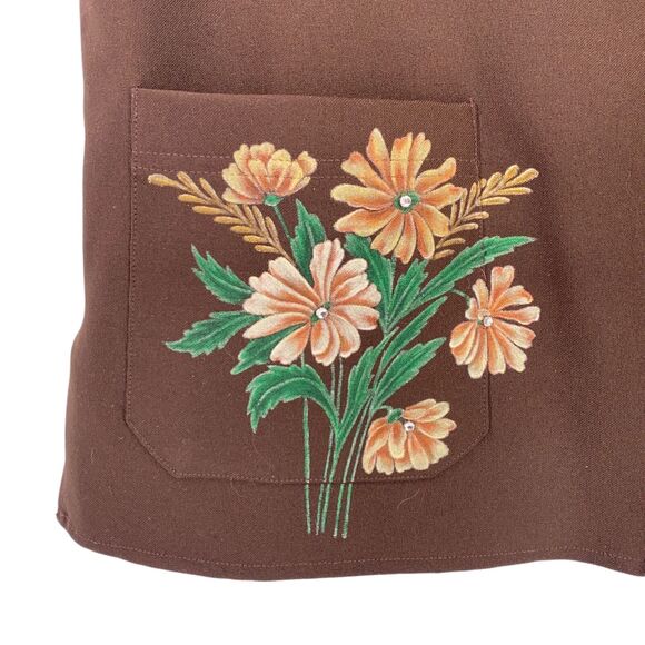 Vintage Levis Strauss 70s Floral Painted Jeweled Vest Brown Polyester Size 38 M - Picture 2 of 9